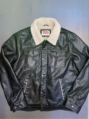 Levi's Brown Faux Leather Bomber Jacket with Cream Sherpa Collar